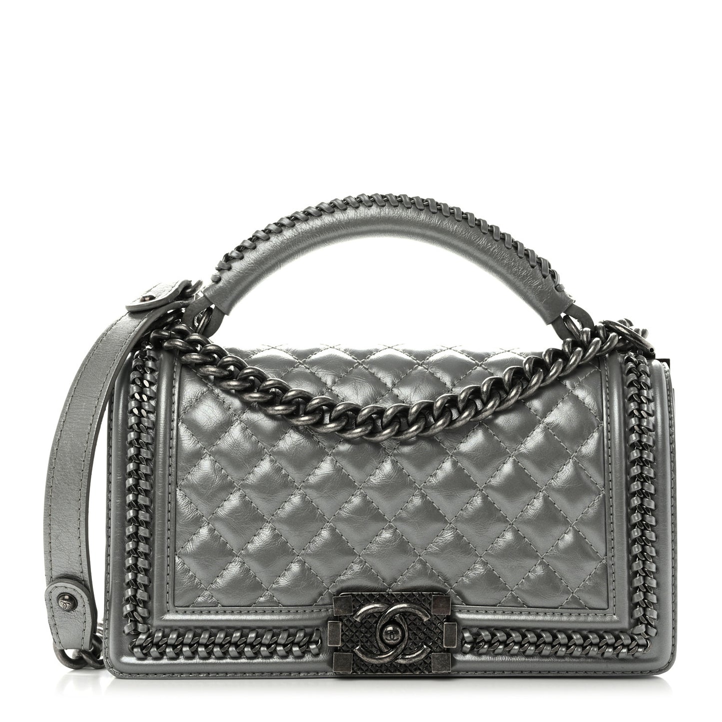 Metallic Aged Calfskin Quilted Medium Top Handle Boy Flap Silver