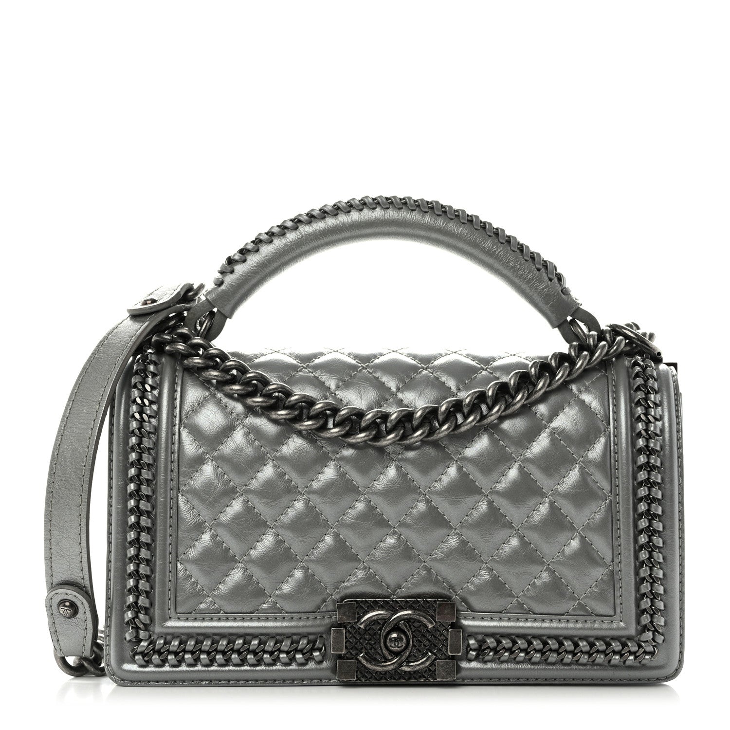 Chanel Metallic Aged Calfskin Quilted Medium Top Handle Boy Flap Silver 1 of 12