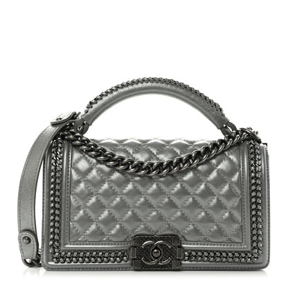Chanel Metallic Aged Calfskin Quilted Medium Top Handle Boy Flap Silver 1 of 12