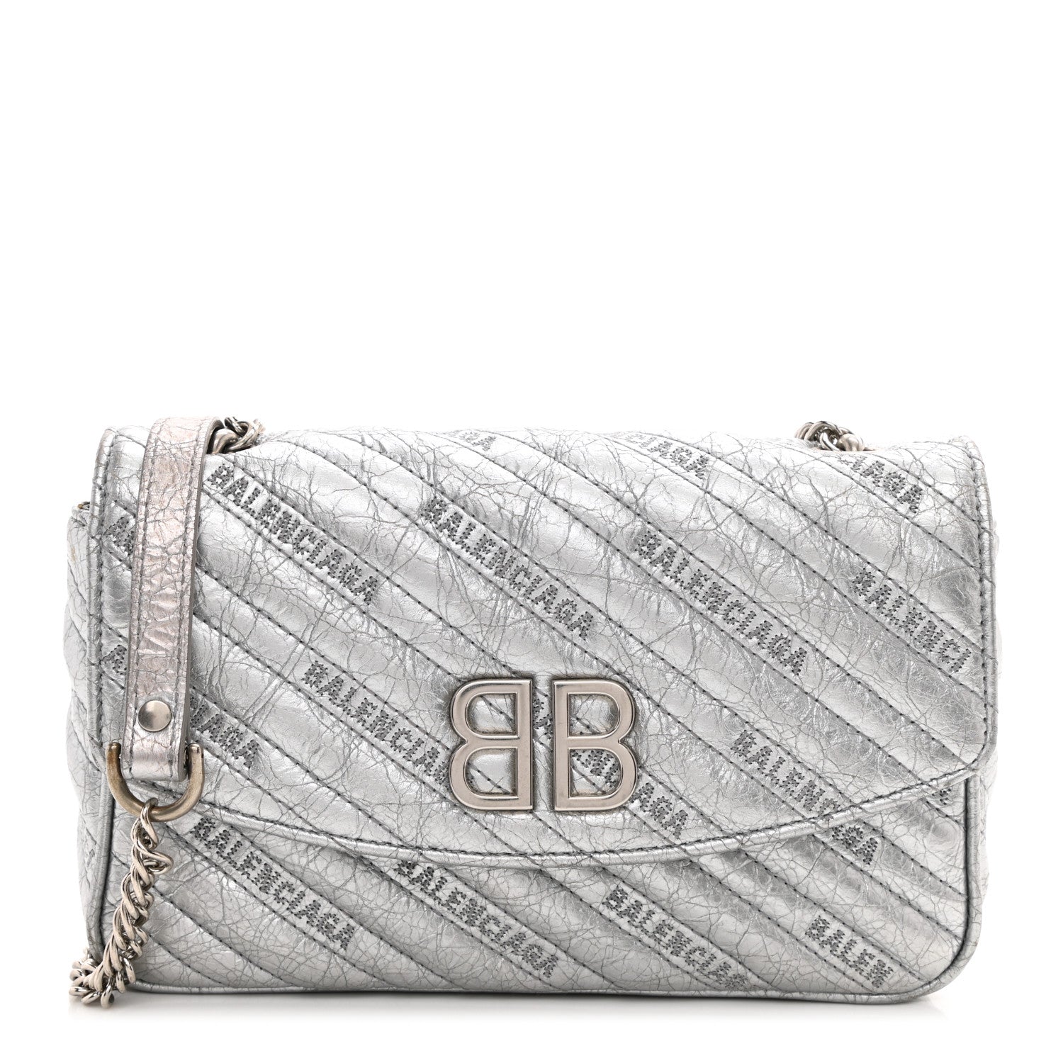 Balenciaga Metallic Arena Calfskin Logo Matelasse BB Chain Wallet Argent 1 of 13
