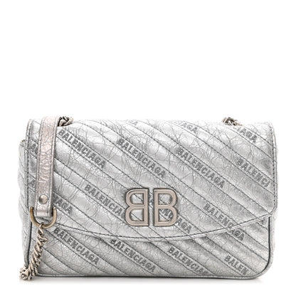 Balenciaga Metallic Arena Calfskin Logo Matelasse BB Chain Wallet Argent 1 of 13