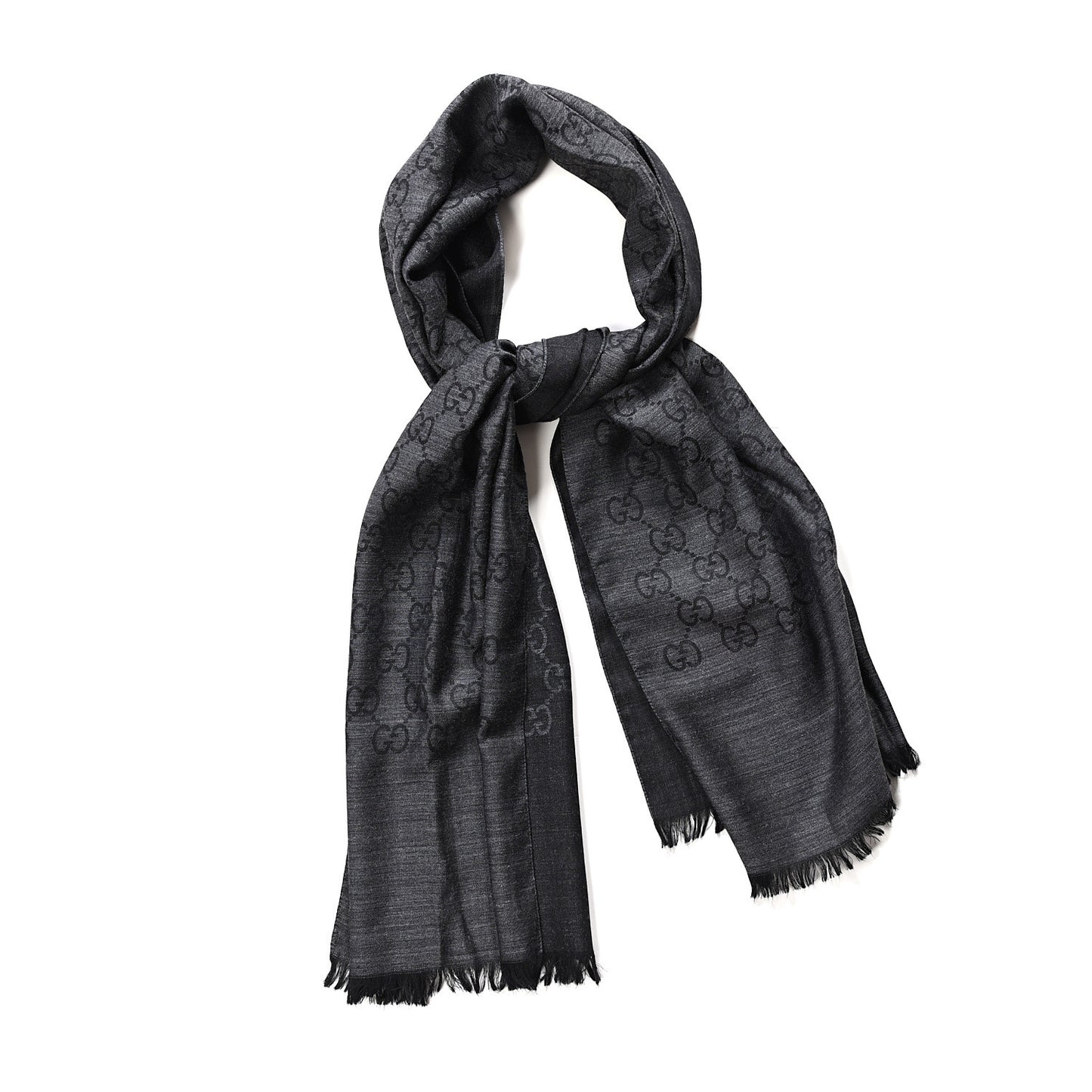 Wool Silk Monogram Fringe Scarf Grey Black