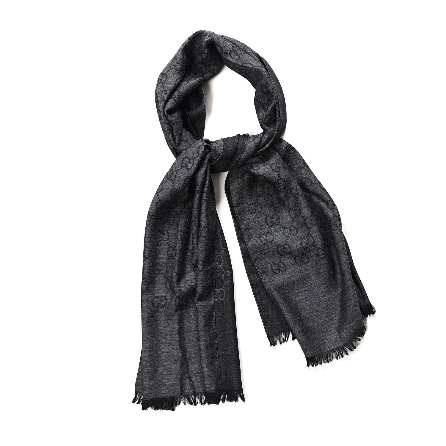 Gucci Wool Silk Monogram Fringe Scarf Grey Black 1 of 3