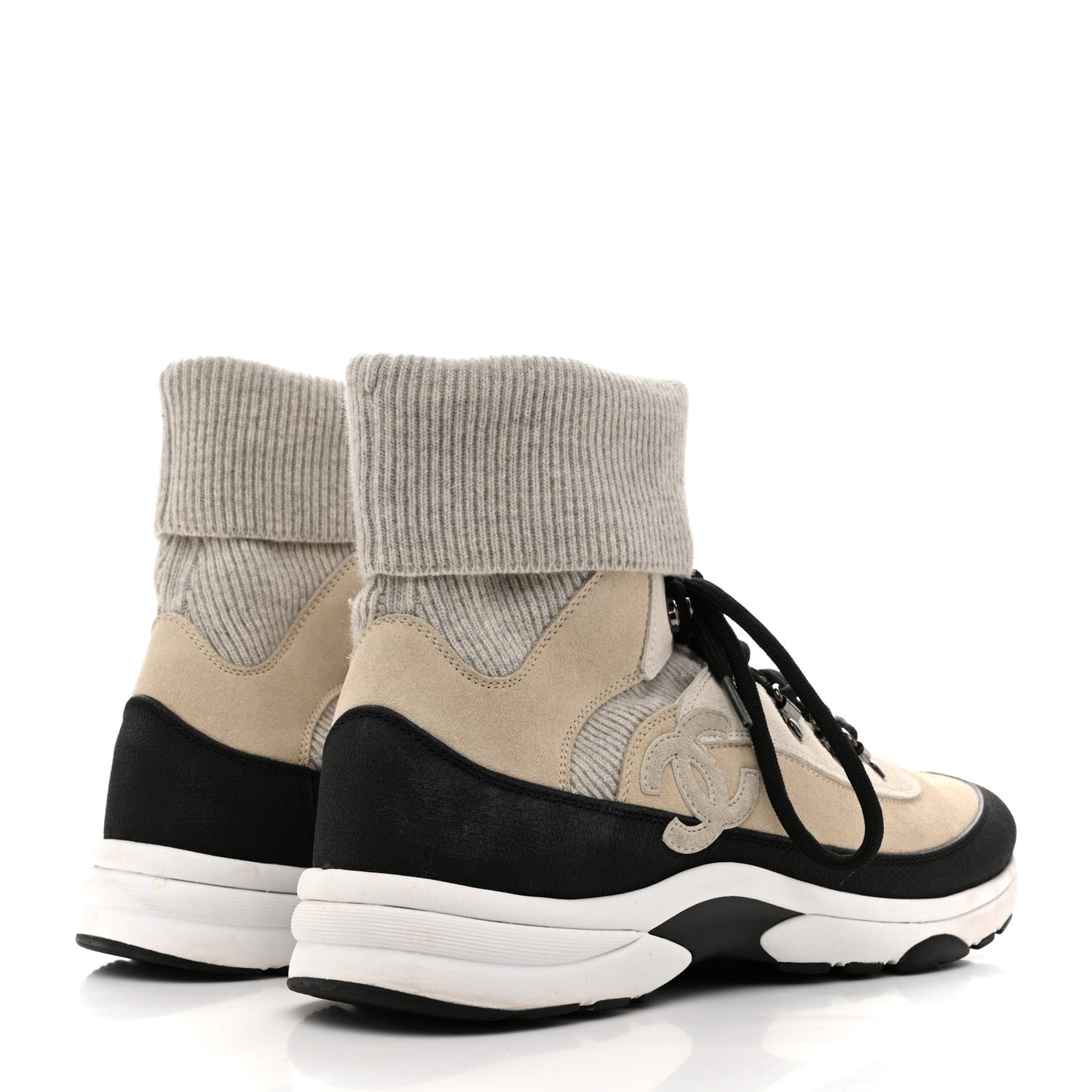 Suede Calfskin Knit CC High Top Lace Up Sneakers 40 Ivory Light Gray