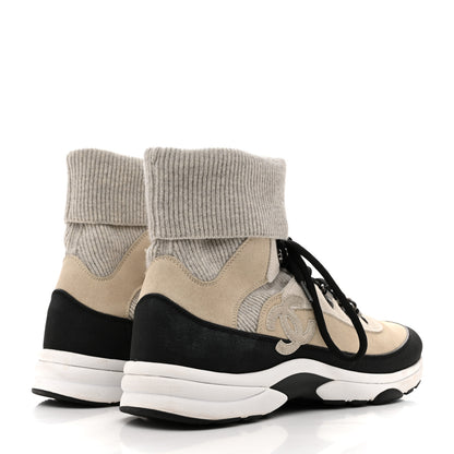 Chanel Suede Calfskin Knit CC High Top Lace Up Sneakers 40 Ivory Light Gray 5 of 11
