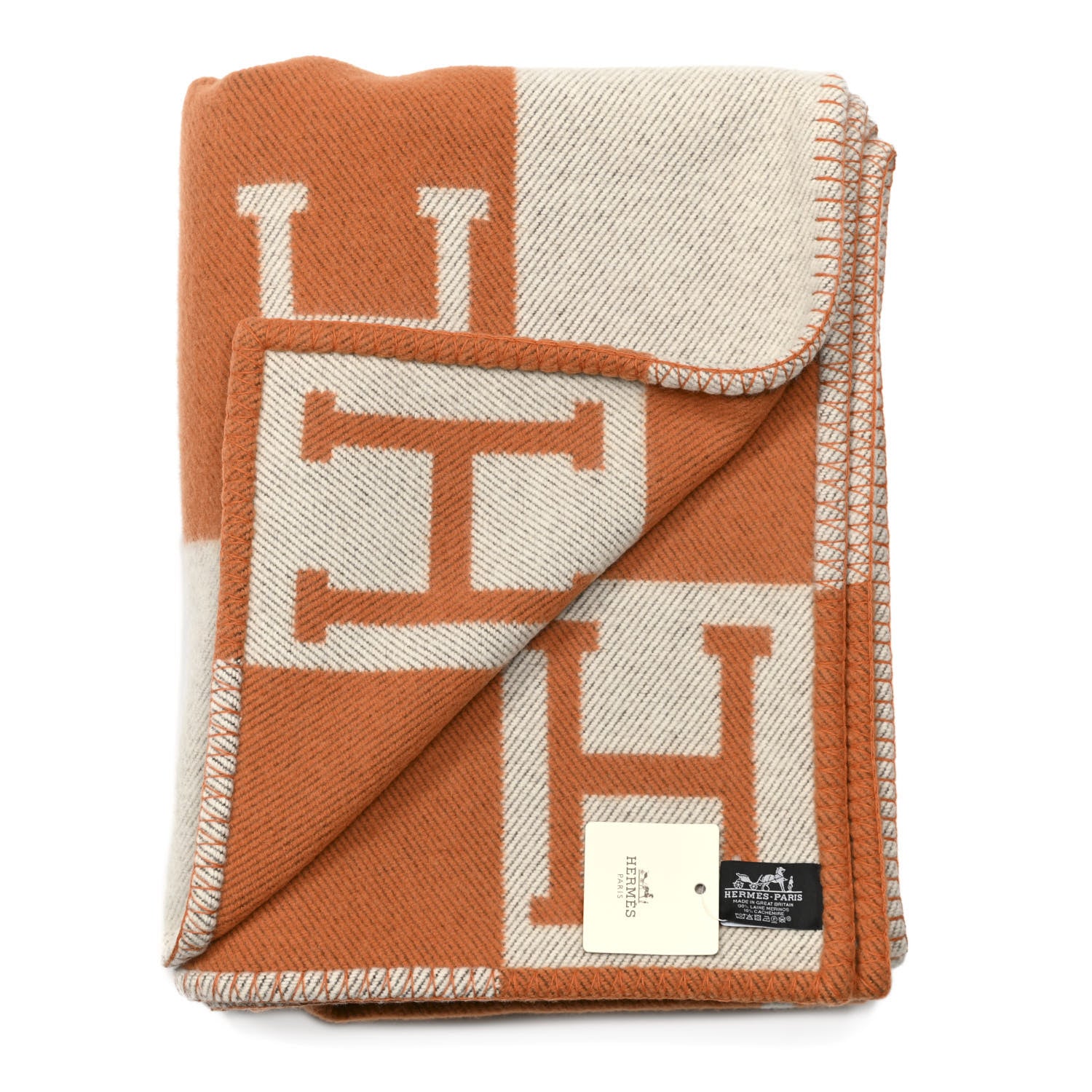 Hermes Wool Cashmere Signature Classic Avalon Blanket Ecru Potiron 2 of 3