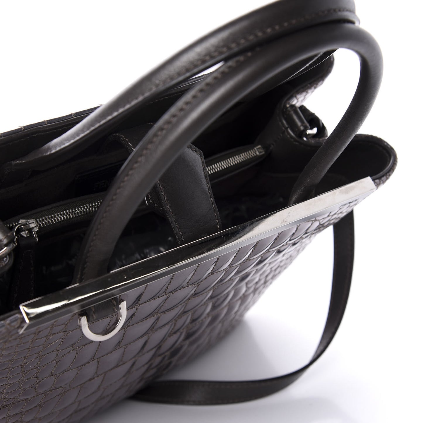 Metallic Calfskin Crocodile Embroidered Petite 2Jours Tote Silver Mirror