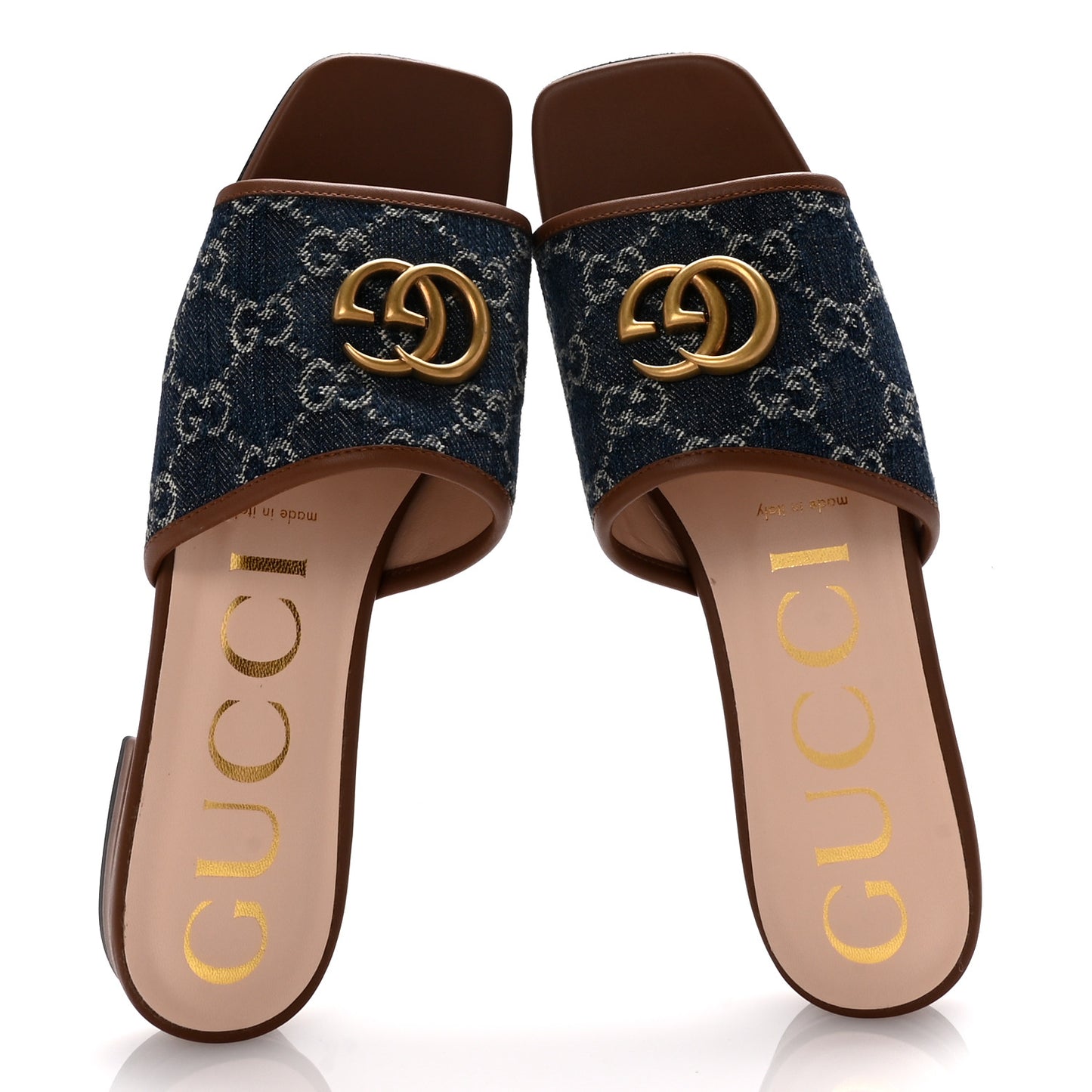 New Denim GG Monogram Miro Soft Calfskin Jolie Slide Sandals 37 Blue Tea Cuir Epilog