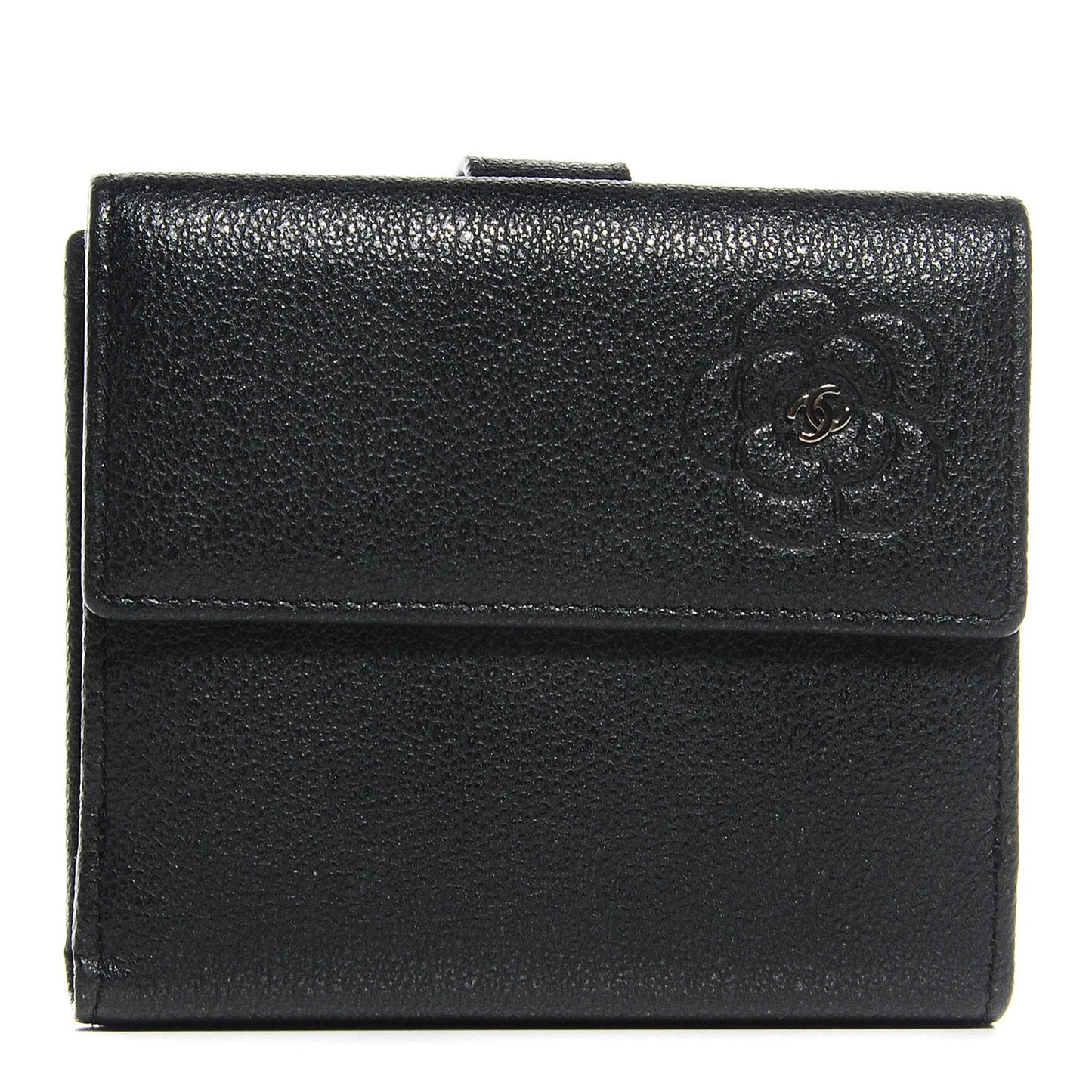 Glazed Goatskin Camellia Embossed French Flap Wallet Black
