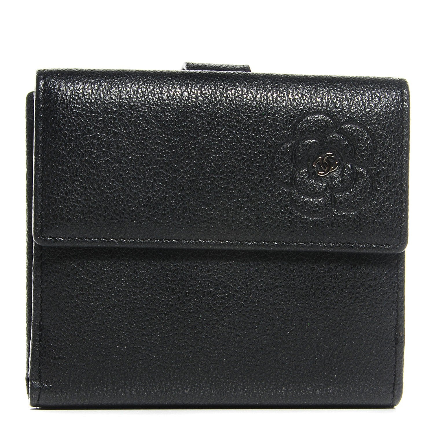 Chanel Glazed Goatskin Camellia Embossed French Flap Wallet Black 1 of 7