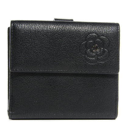 Chanel Glazed Goatskin Camellia Embossed French Flap Wallet Black 1 of 7