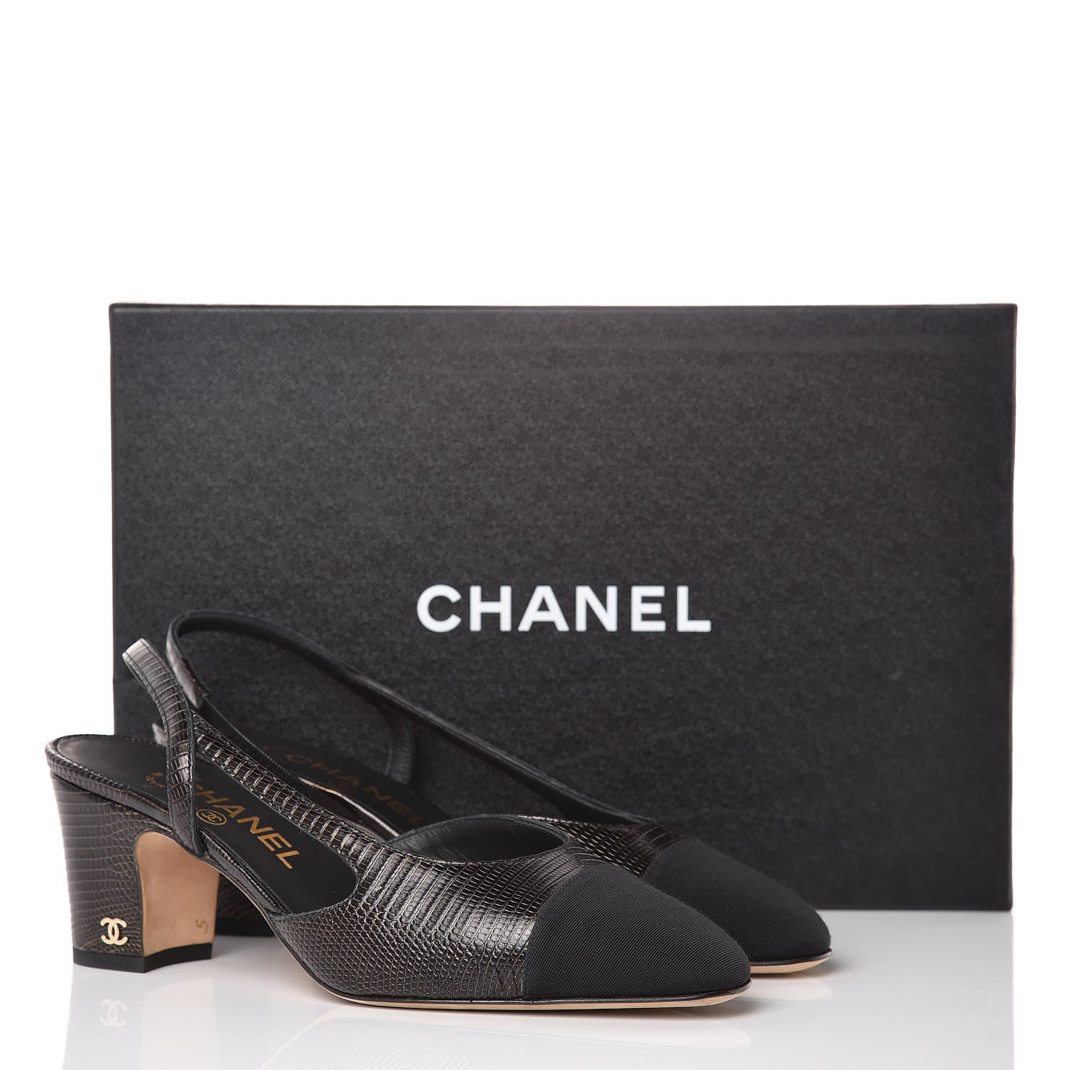 Chanel Lizard Grosgrain Cap Toe CC Slingback Pumps 37 Black 12 of 12
