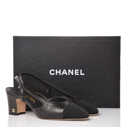 Chanel Lizard Grosgrain Cap Toe CC Slingback Pumps 37 Black 12 of 12