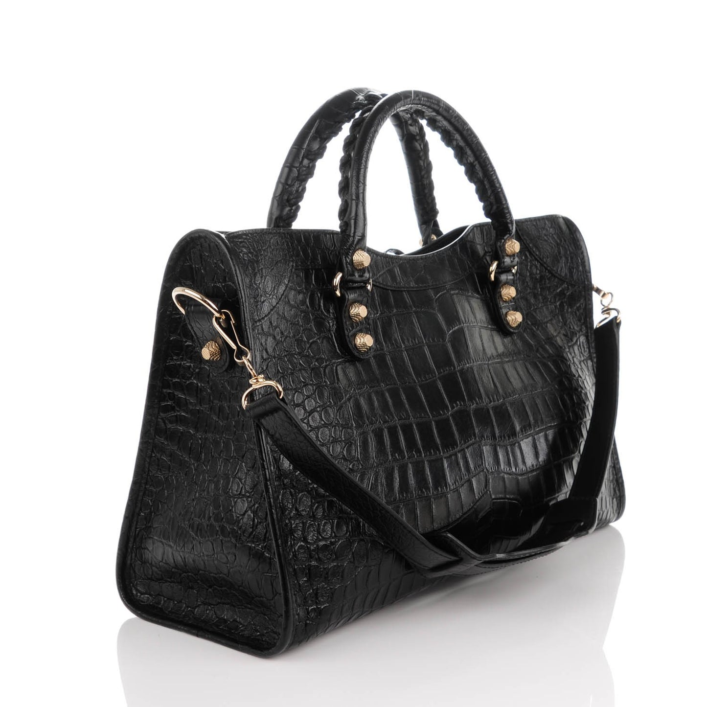 Calfskin Crocodile Embossed Giant 12 Gold Hardware City Black