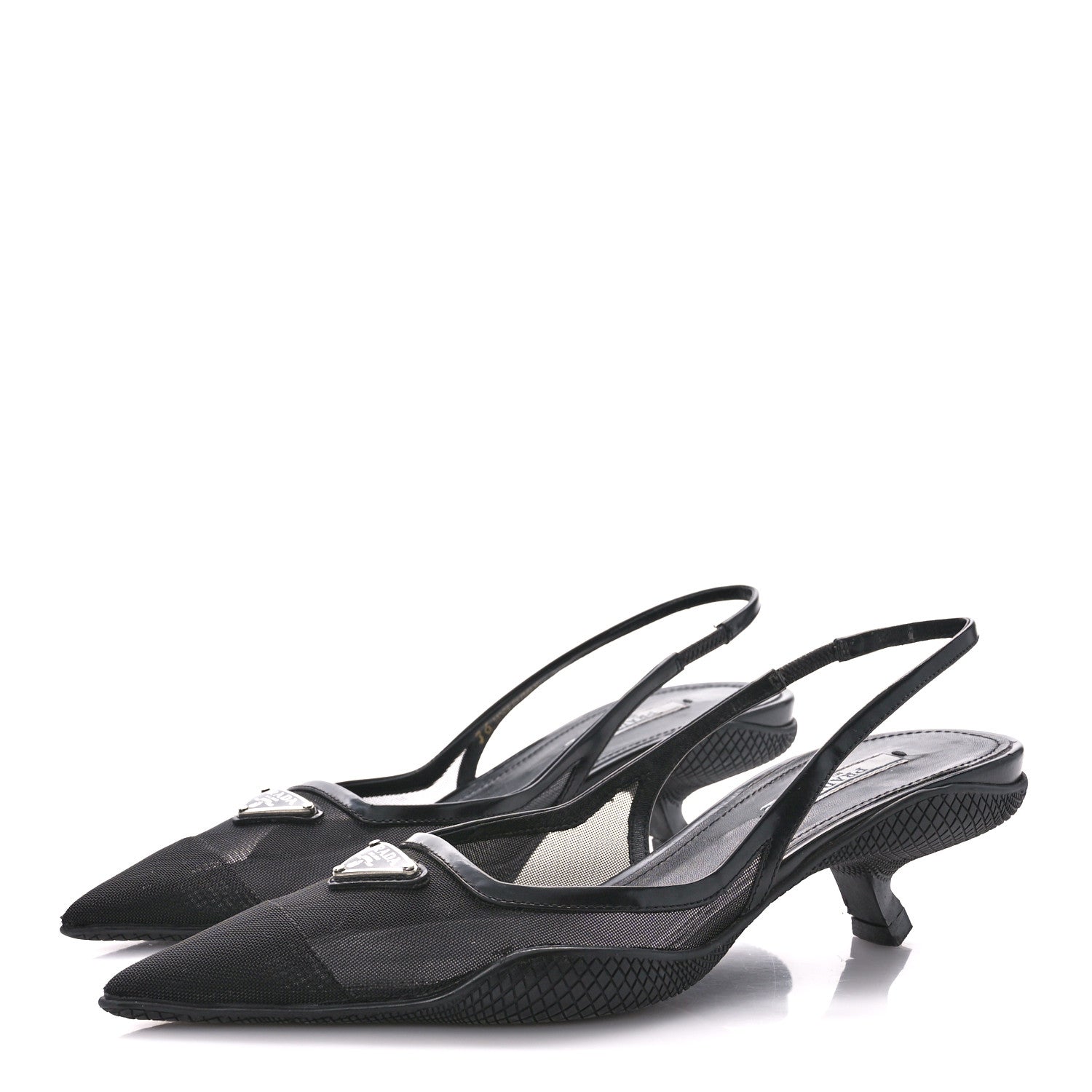 Prada Mesh Nappa Triangle Logo Pointed Toe 45mm Slingback Pumps 36 Black 3 of 9