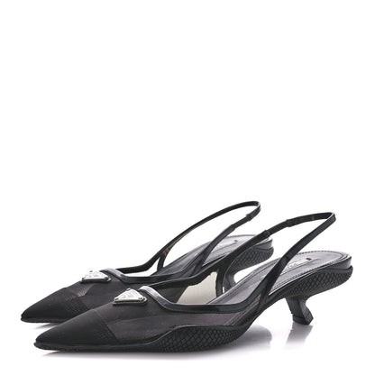 Prada Mesh Nappa Triangle Logo Pointed Toe 45mm Slingback Pumps 36 Black 3 of 9