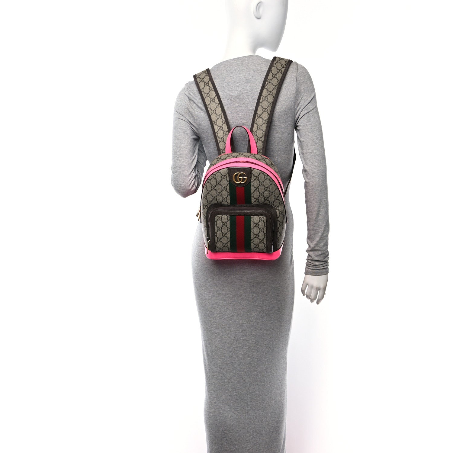 Gucci GG Supreme Monogram Textured Dollar Calfskin Web Small Ophidia Day Backpack Beige Ebony Fluorescent Fuchsia 2 of 10