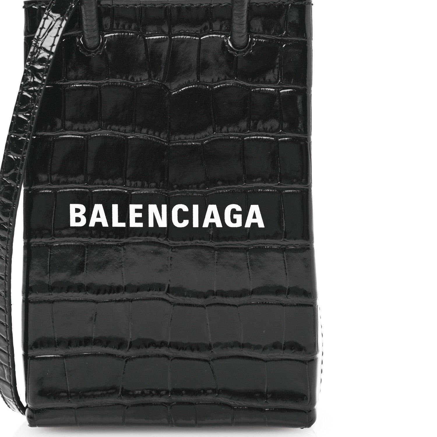 Balenciaga Calfskin Crocodile Embossed Logo Shopping Phone Holder Bag Black 8 of 10