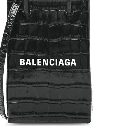 Balenciaga Calfskin Crocodile Embossed Logo Shopping Phone Holder Bag Black 8 of 10
