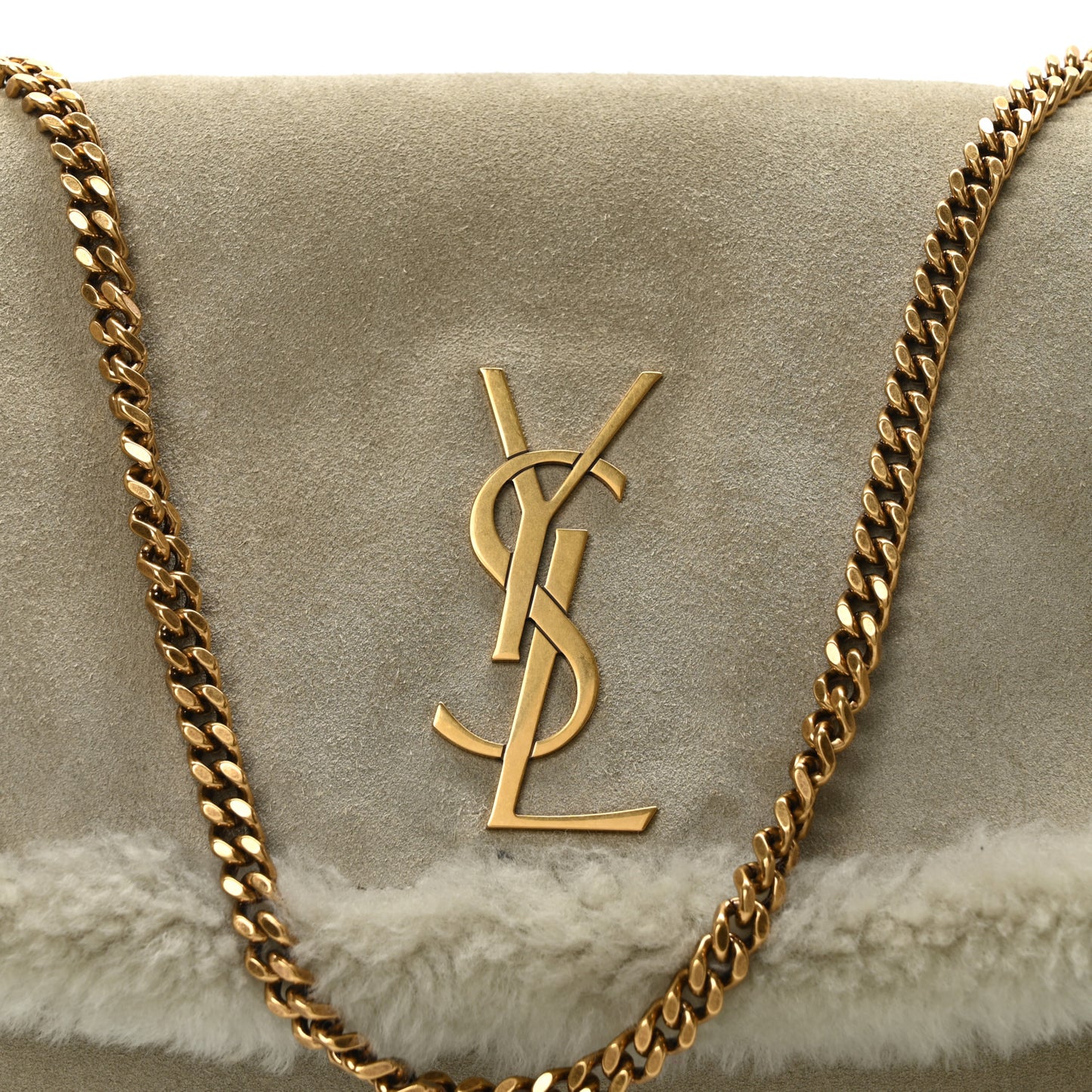 Shearling Calfskin Medium Reversible Monogram Kate Satchel Grey