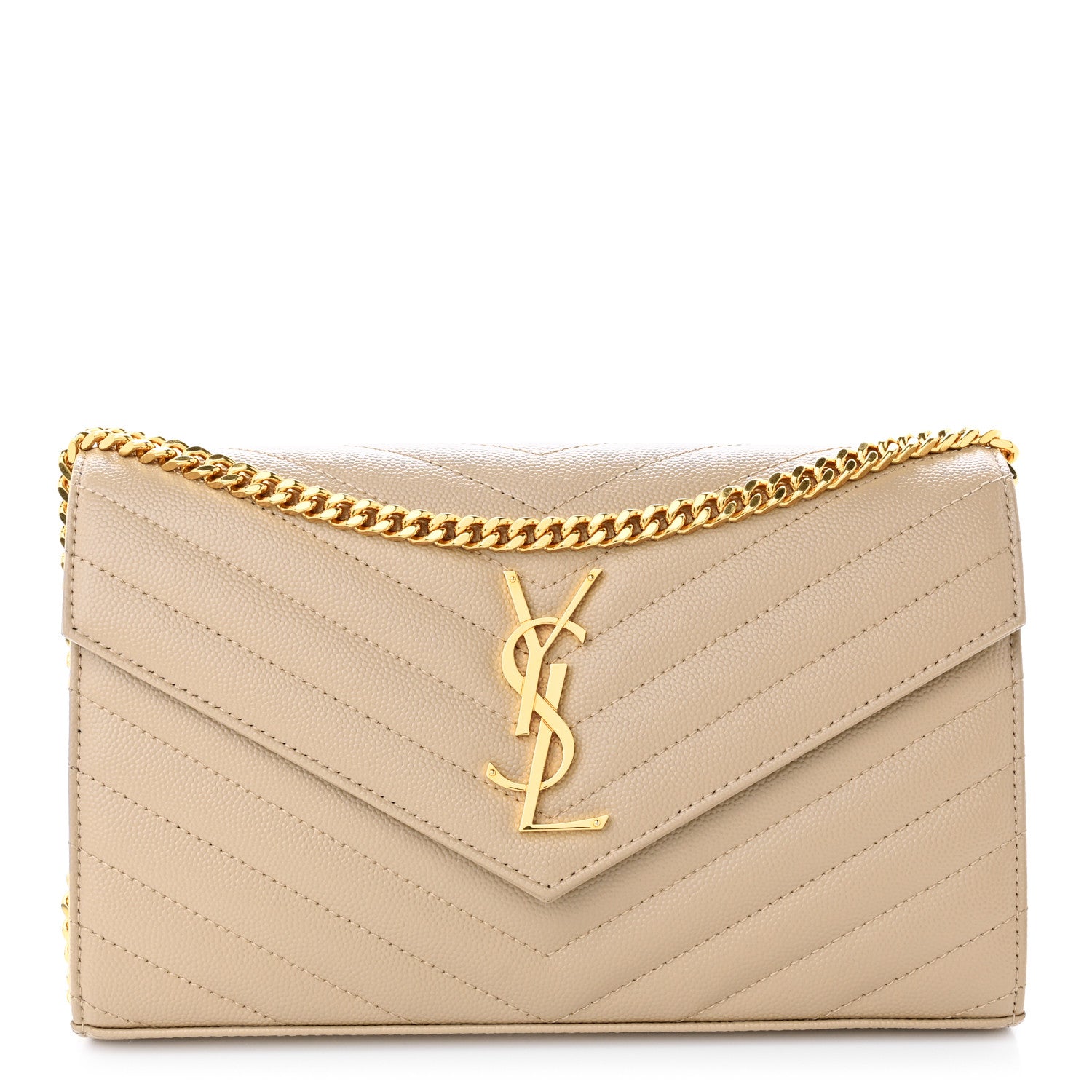 Saint Laurent Grain De Poudre Matelasse Chevron Monogram Chain Wallet Dark Beige 1 of 10