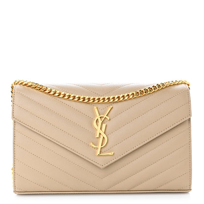 Saint Laurent Grain De Poudre Matelasse Chevron Monogram Chain Wallet Dark Beige 1 of 10