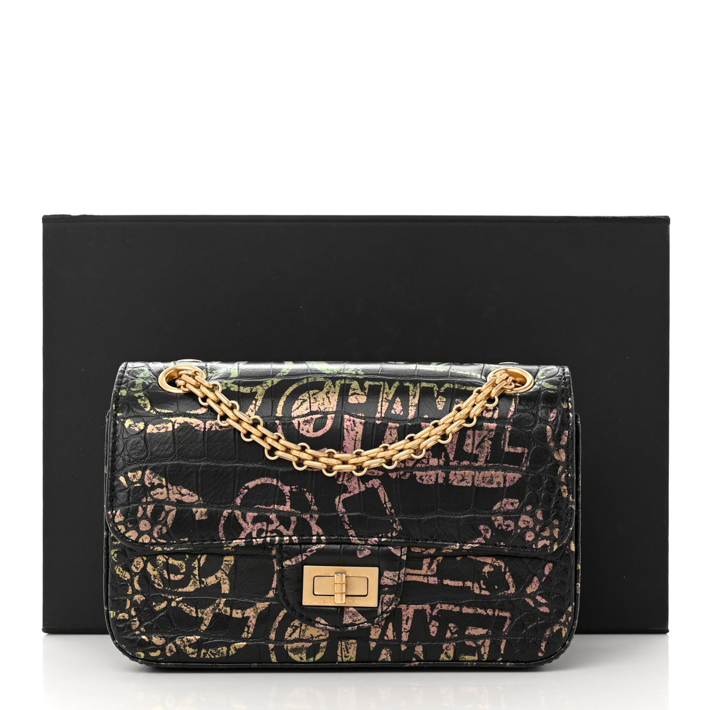Calfskin Crocodile Embossed Graffiti 2.55 Mini Cocodile Reissue Flap Black Pink