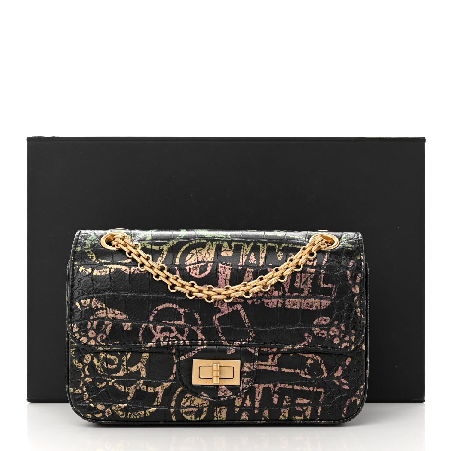 Chanel Calfskin Crocodile Embossed Graffiti 2.55 Mini Cocodile Reissue Flap Black Pink 11 of 11