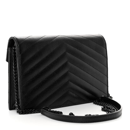 Saint Laurent Grain De Poudre Matelasse Chevron Monogram Monochrome Envelope Chain Wallet Black 3 of 9