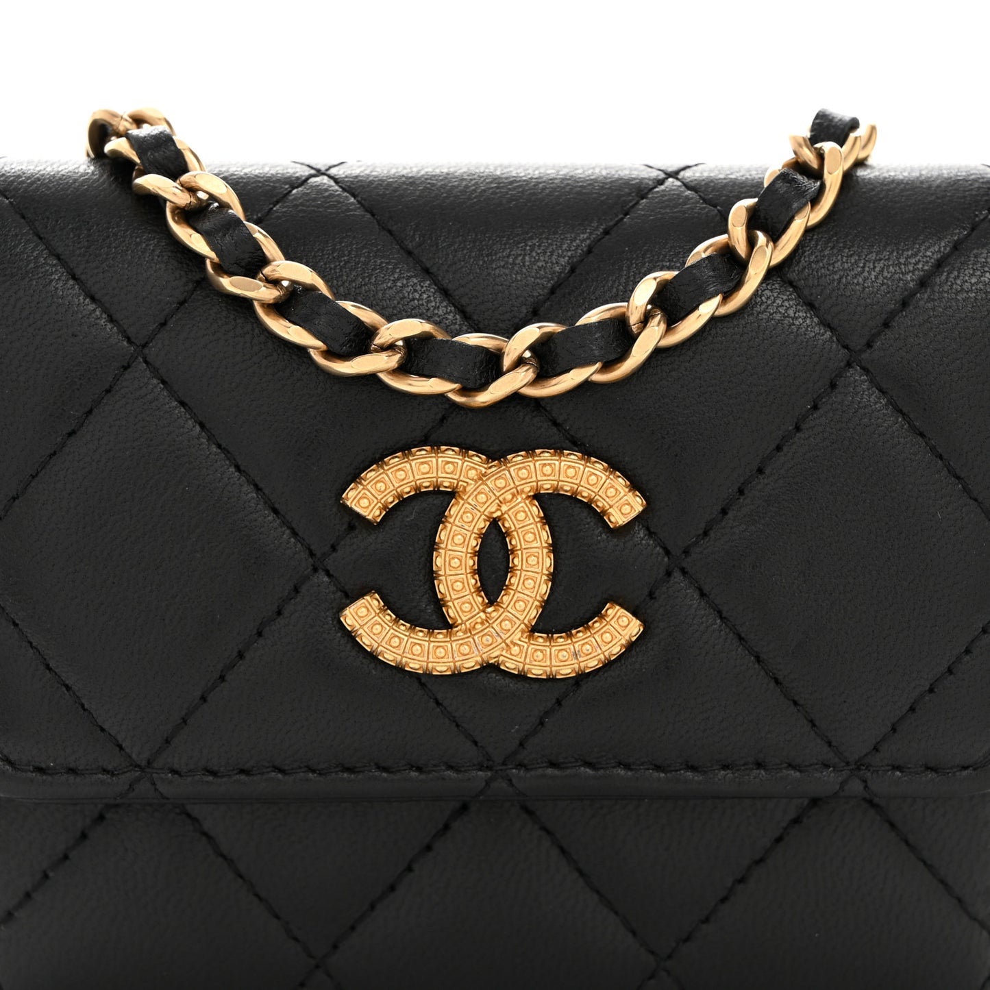Lambskin Quilted Studded CC Clutch With Chain Black