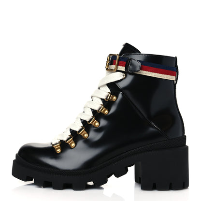 Gucci Calfskin Sylvie Web Womens Lace Up Combat Boots 38 Black 1 of 8