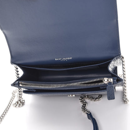 Saint Laurent Calfskin Crocodile Embossed Monogram Sunset Chain Wallet Denim 5 of 8