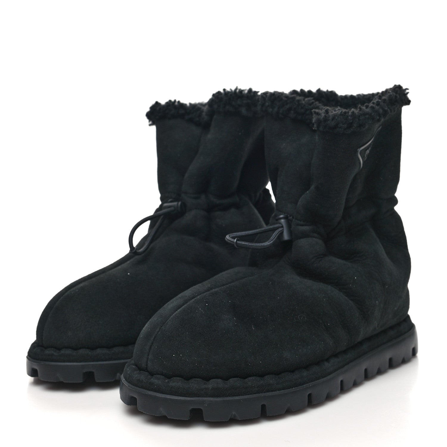 Prada Shearling Triangle Logo Drawcord 20mm Ankle Boots 36.5 Black 3 of 6