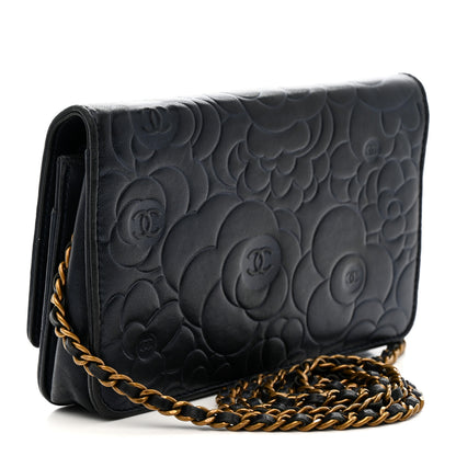 Chanel Metallic Lambskin Camellia Embossed Wallet on Chain WOC Navy 3 of 11