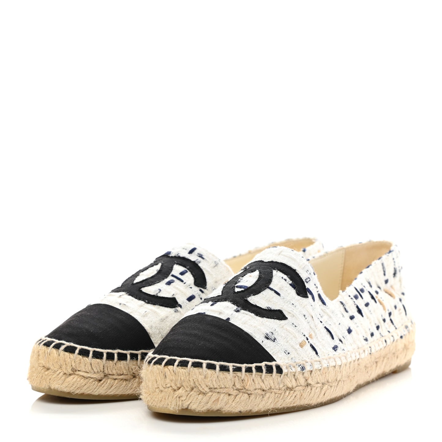 Tweed Grosgrain CC Espadrilles 38 White Beige Black