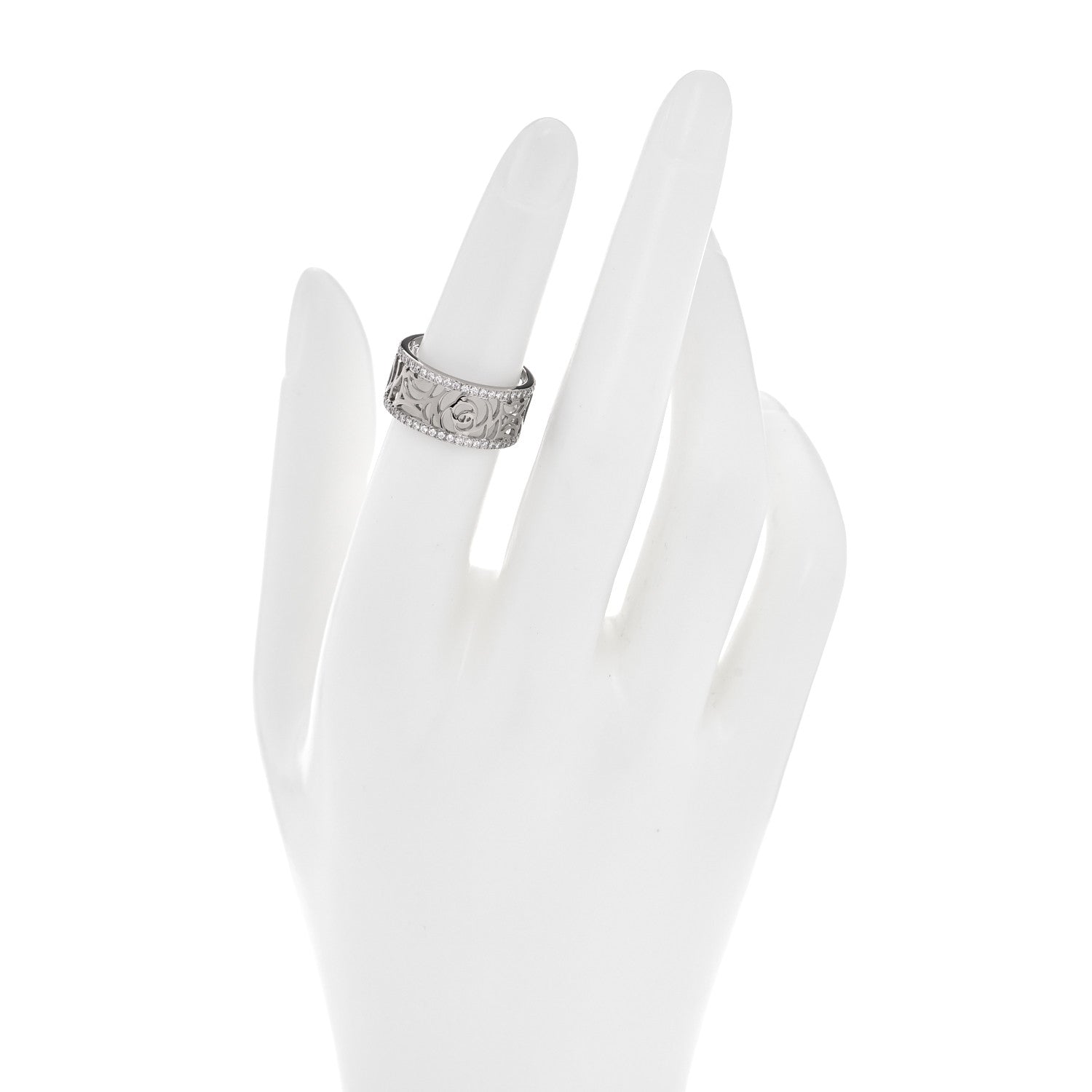 Chanel 18K White Gold Diamond Camellia Ajoure Band Ring 51 5.75 2 of 4