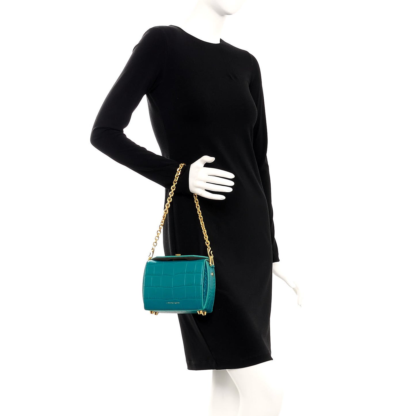Calfskin Crocodile Embossed Box Shoulder Bag 16 Green