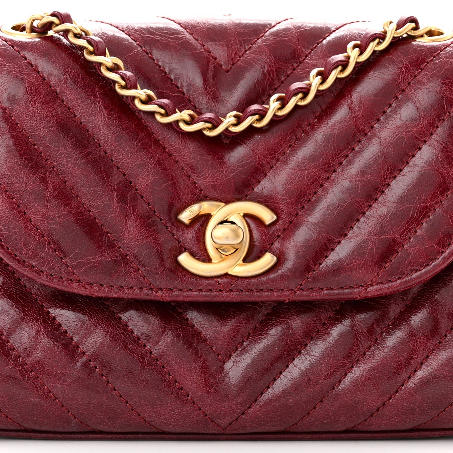 Glazed Calfskin Chevron Quilted Small Hampton Flap Burgundy