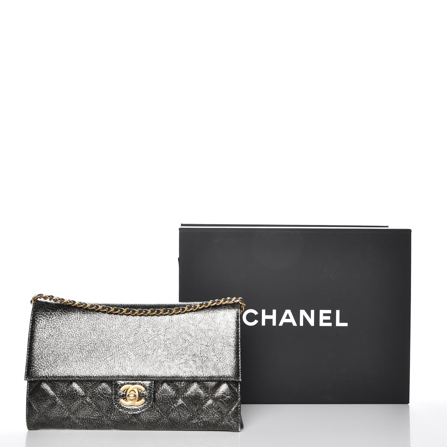 Chanel Cracked Metallic Calfskin Quilted Zip Away Chain Clutch Dark Silver 8 of 8