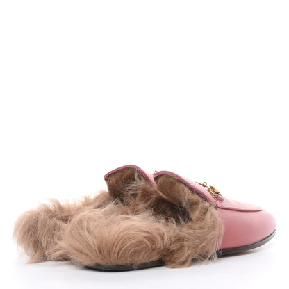 Gucci Calfskin Fur Womens Princetown Slippers 35.5 Lipstick Rose Natural 4 of 10