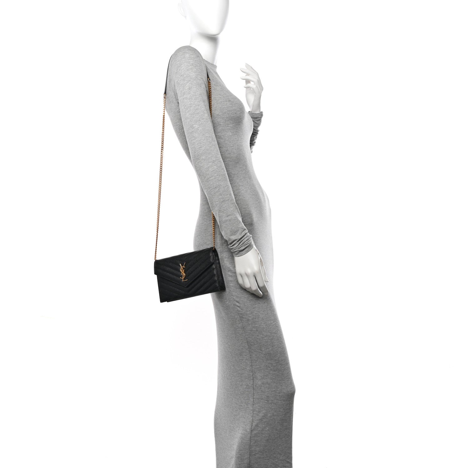 Saint Laurent Grain De Poudre Matelasse Chevron Monogram Envelope Chain Wallet Black 2 of 12