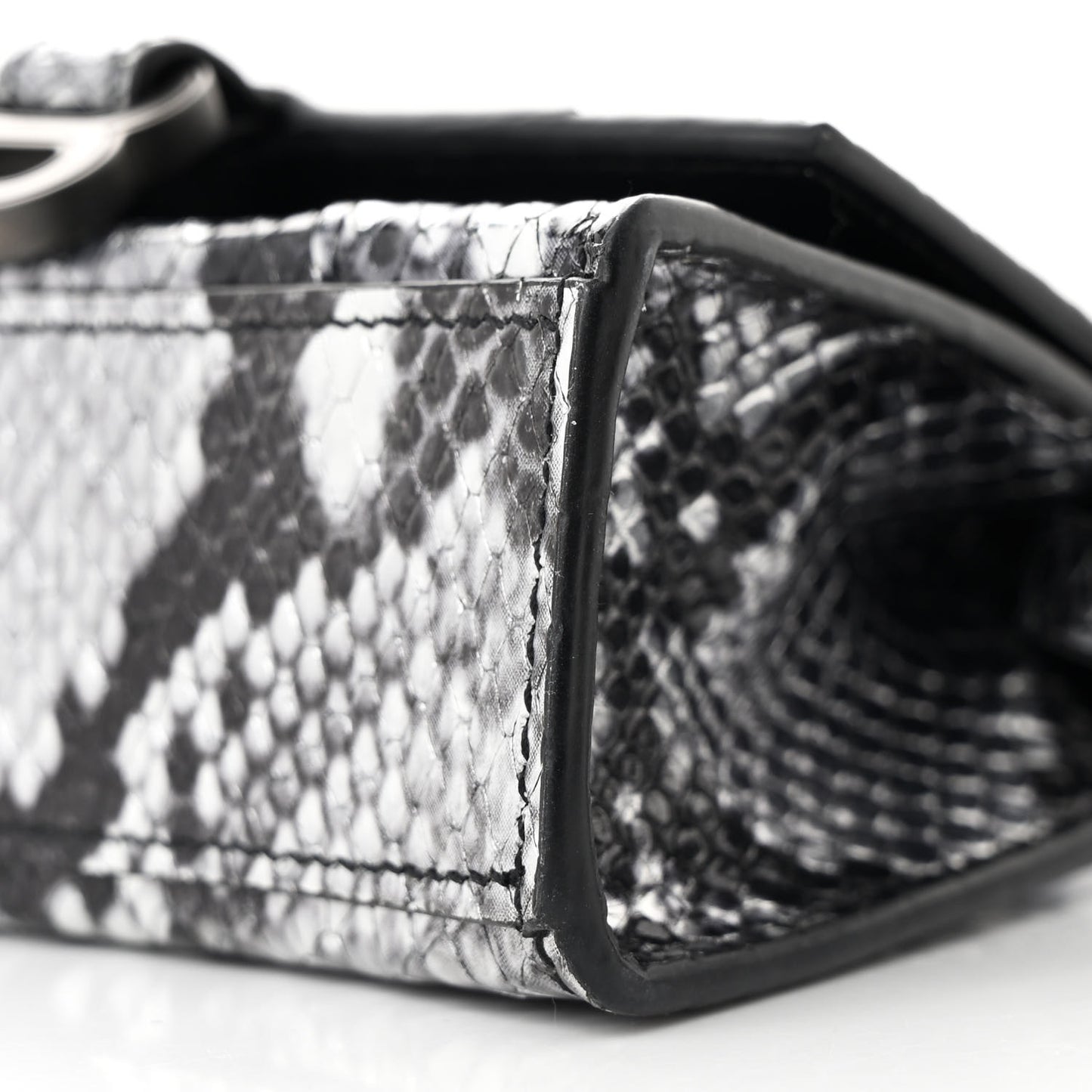 Shiny Calfskin Snakeskin Effect Hourglass Top Handle Bag Mini Silver Black