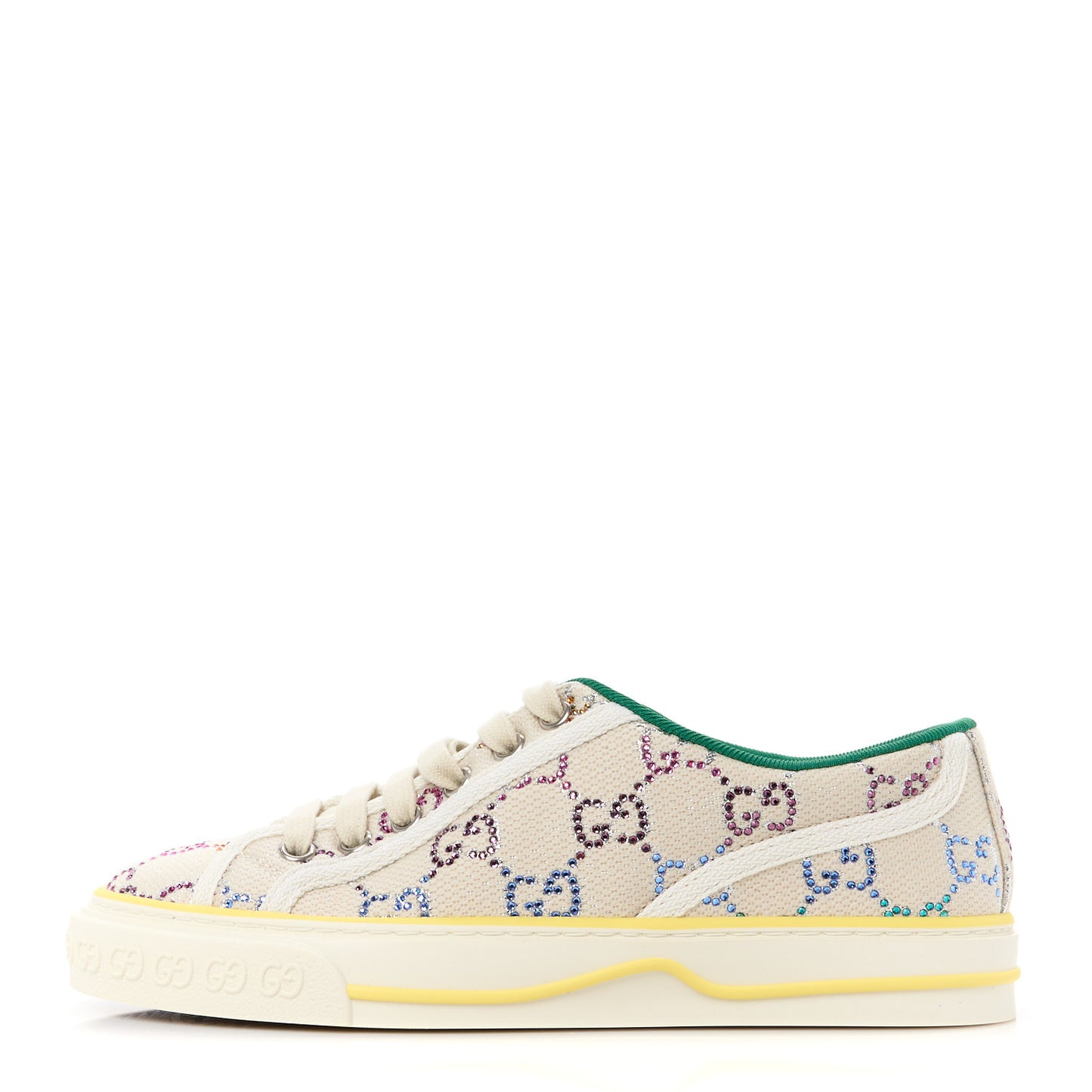 Canvas Lame Crystal GG Monogram Womens 1977 Tennis Sneakers 35.5 Gardenia Silver Mystic White