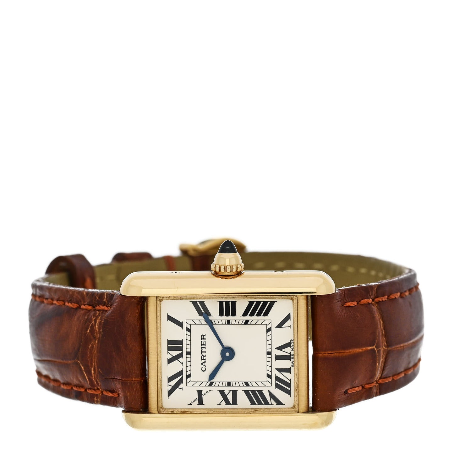 18K Yellow Gold Alligator 22mm Tank Louis Quartz Watch Brown