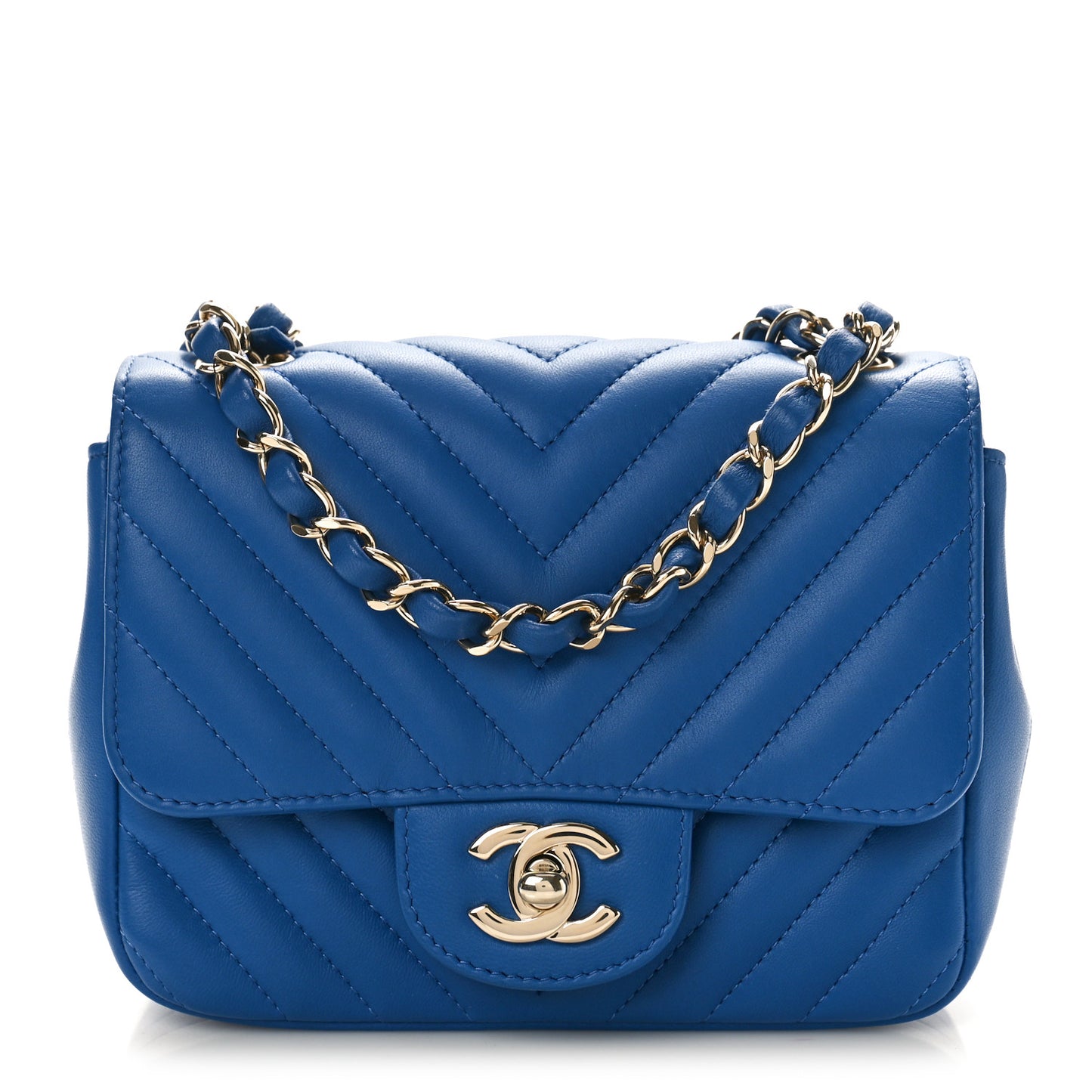Lambskin Chevron Quilted Mini Square Flap Blue