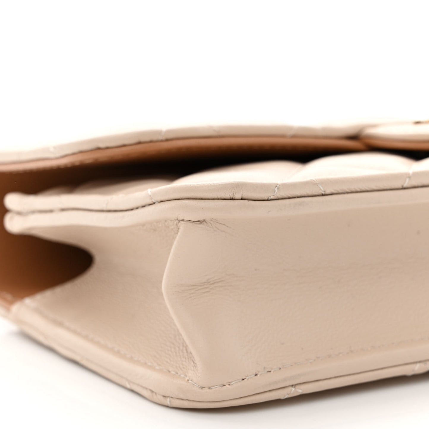 Lambskin Quilted Flap Phone Holder With Chain Beige Brown
