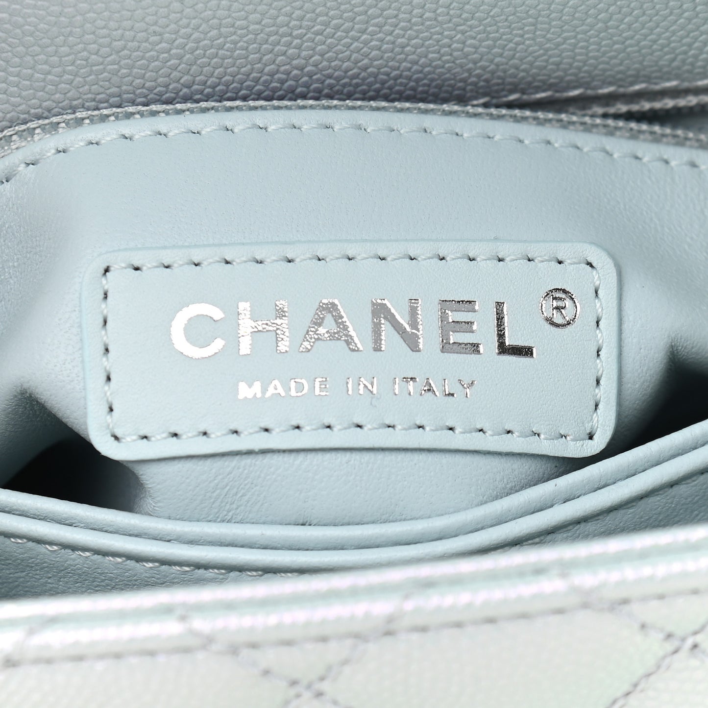 Iridescent Caviar Quilted Extra Mini Coco Handle Flap Light Blue