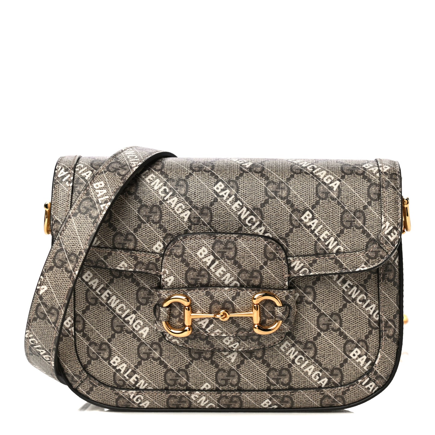 X BALENCIAGA GG Supreme Monogram Web Logo Print Mini Horsebit 1955 Shoulder Bag Beige Ebony