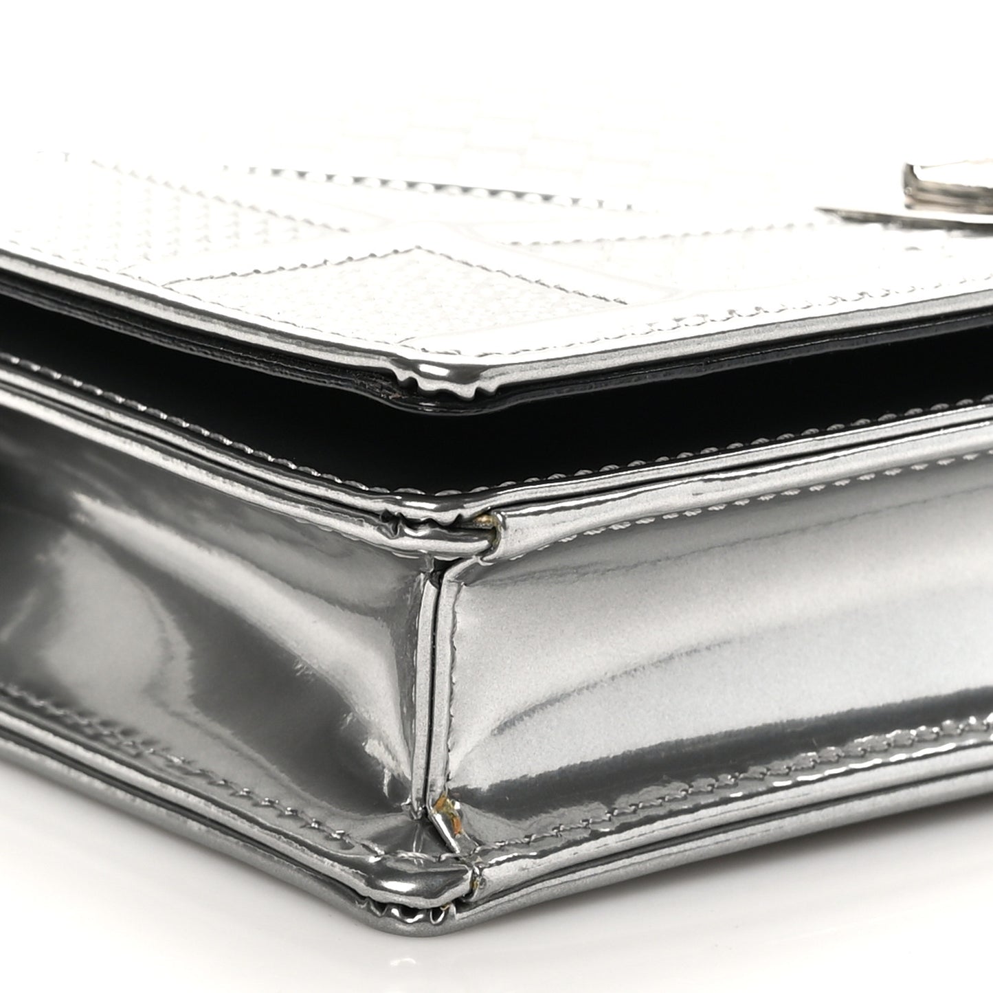 Metallic Patent Micro-Cannage Diorama Wallet on Chain Pouch Silver