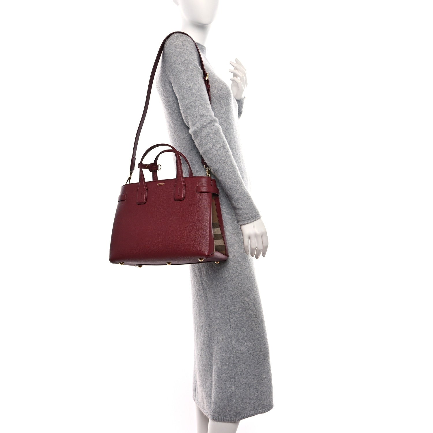 Burberry Derby Calfskin House Check Medium Banner Tote Crimson 2 of 8